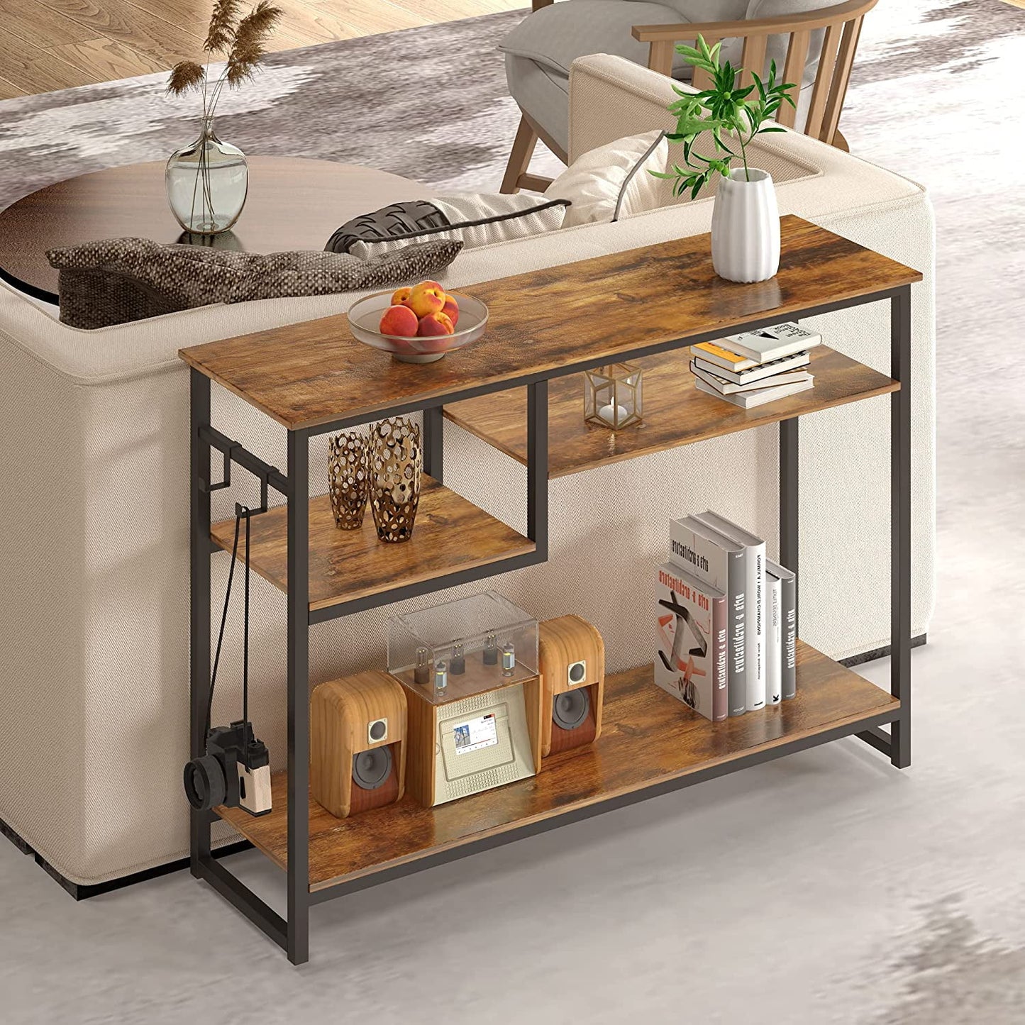 Narrow Console Table Buffet Sideboard Side Desk Entryway Table with 4 Storage Shelves & 2 Hooks, Grey