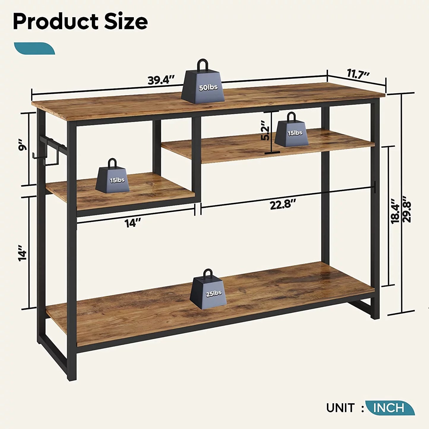 Narrow Console Table Buffet Sideboard Side Desk Entryway Table with 4 Storage Shelves & 2 Hooks, Grey