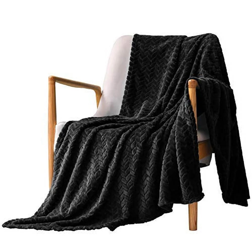Large Flannel Fleece Throw Blanket, Jacquard Weave Leaves Pattern (50" X 70", Slate Blue)- Soft, Warm, Lightweight