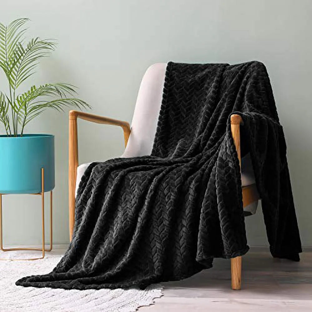 Large Flannel Fleece Throw Blanket, Jacquard Weave Leaves Pattern (50" X 70", Slate Blue)- Soft, Warm, Lightweight
