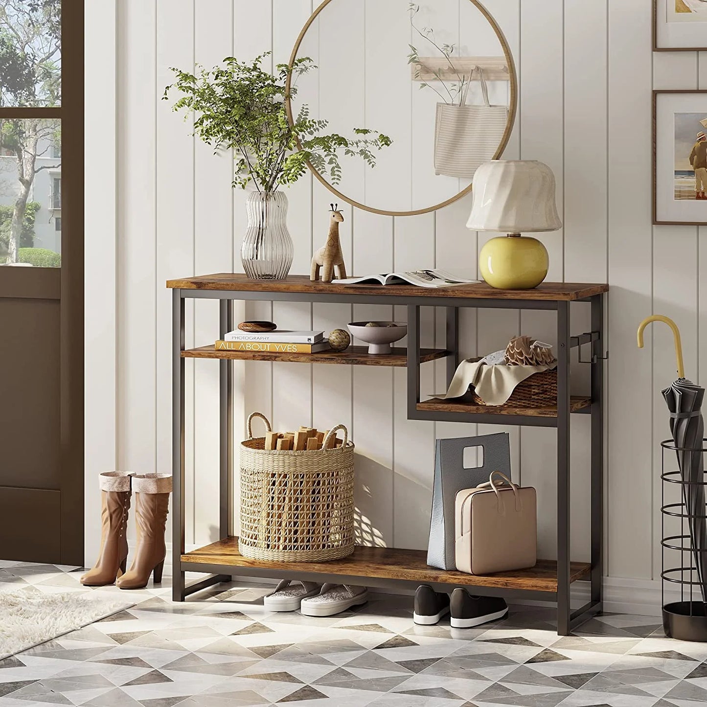 Narrow Console Table Buffet Sideboard Side Desk Entryway Table with 4 Storage Shelves & 2 Hooks, Grey