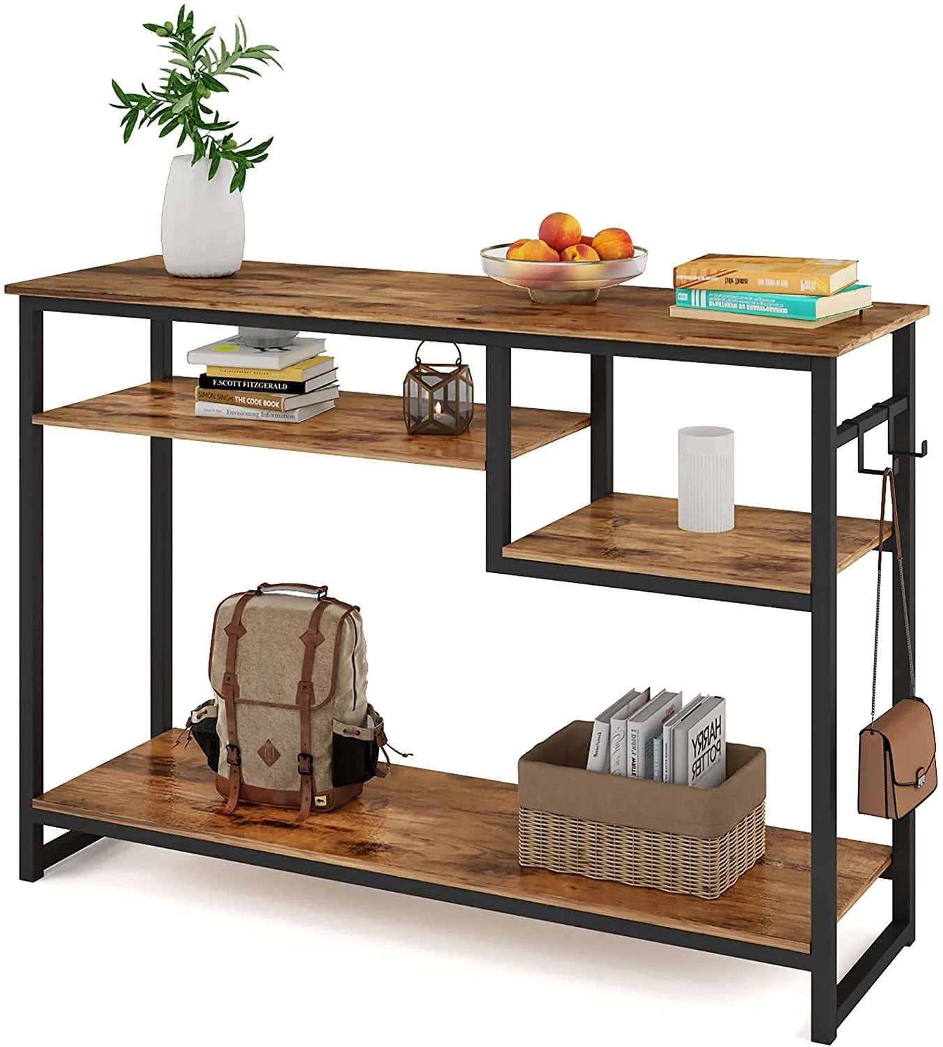 Narrow Console Table Buffet Sideboard Side Desk Entryway Table with 4 Storage Shelves & 2 Hooks, Grey