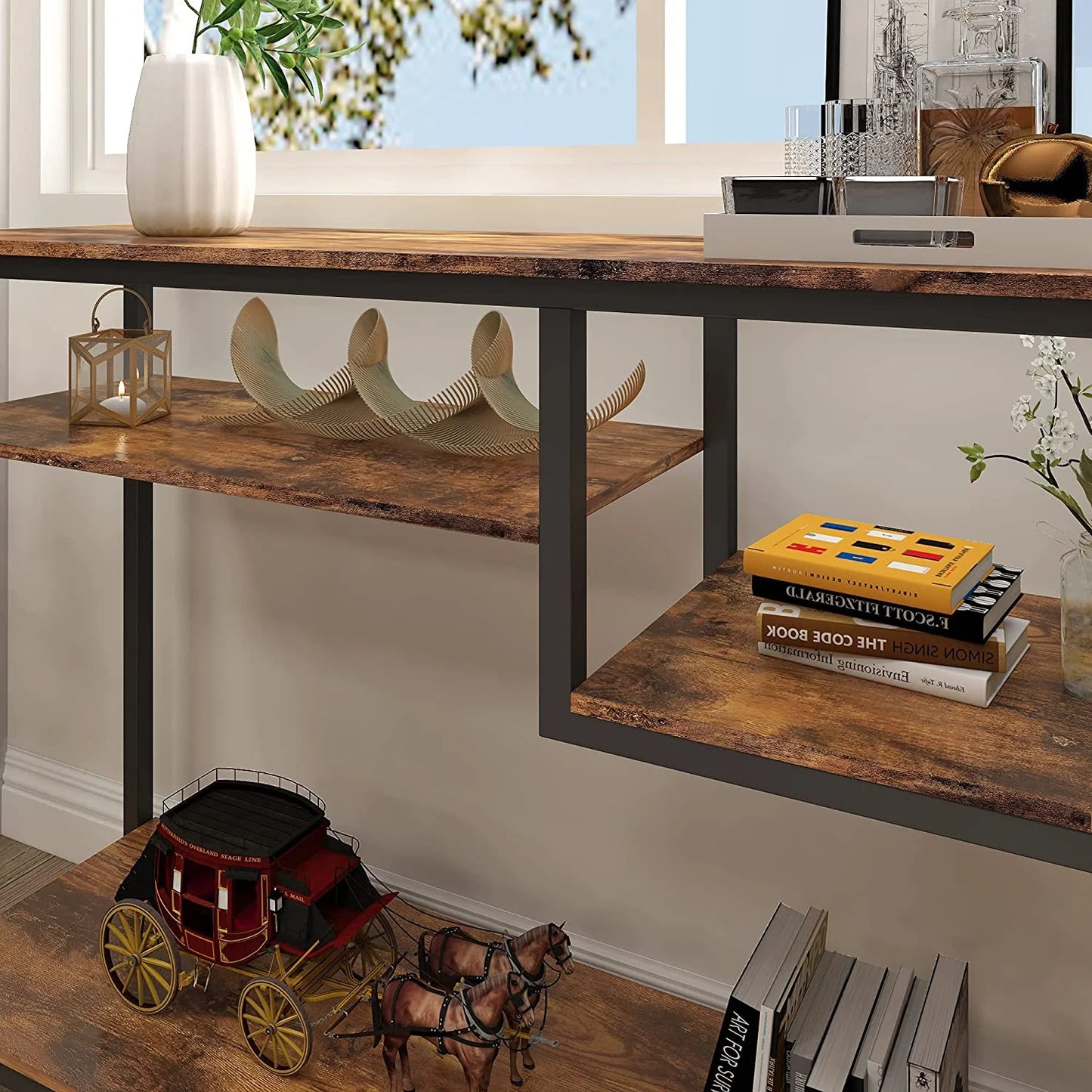 Narrow Console Table Buffet Sideboard Side Desk Entryway Table with 4 Storage Shelves & 2 Hooks, Grey