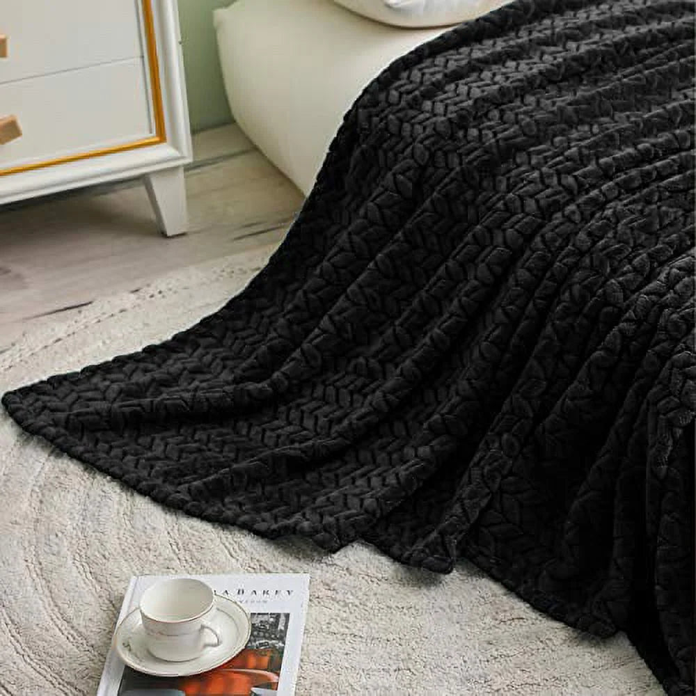 Large Flannel Fleece Throw Blanket, Jacquard Weave Leaves Pattern (50" X 70", Slate Blue)- Soft, Warm, Lightweight