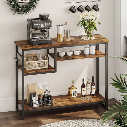 Narrow Console Table Buffet Sideboard Side Desk Entryway Table with 4 Storage Shelves & 2 Hooks, Grey