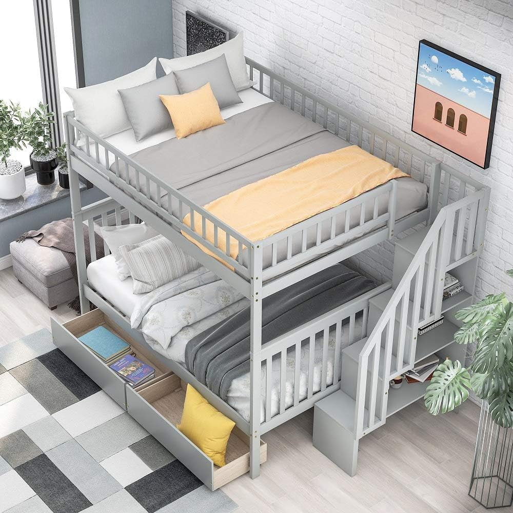 Bunk Beds Full over Full Size, Solid Wood Full Bunk Beds with Drawers and Stairway, Full Length Guardrail, No Box Spring Needed (Grey Full over Full Bunk Beds)