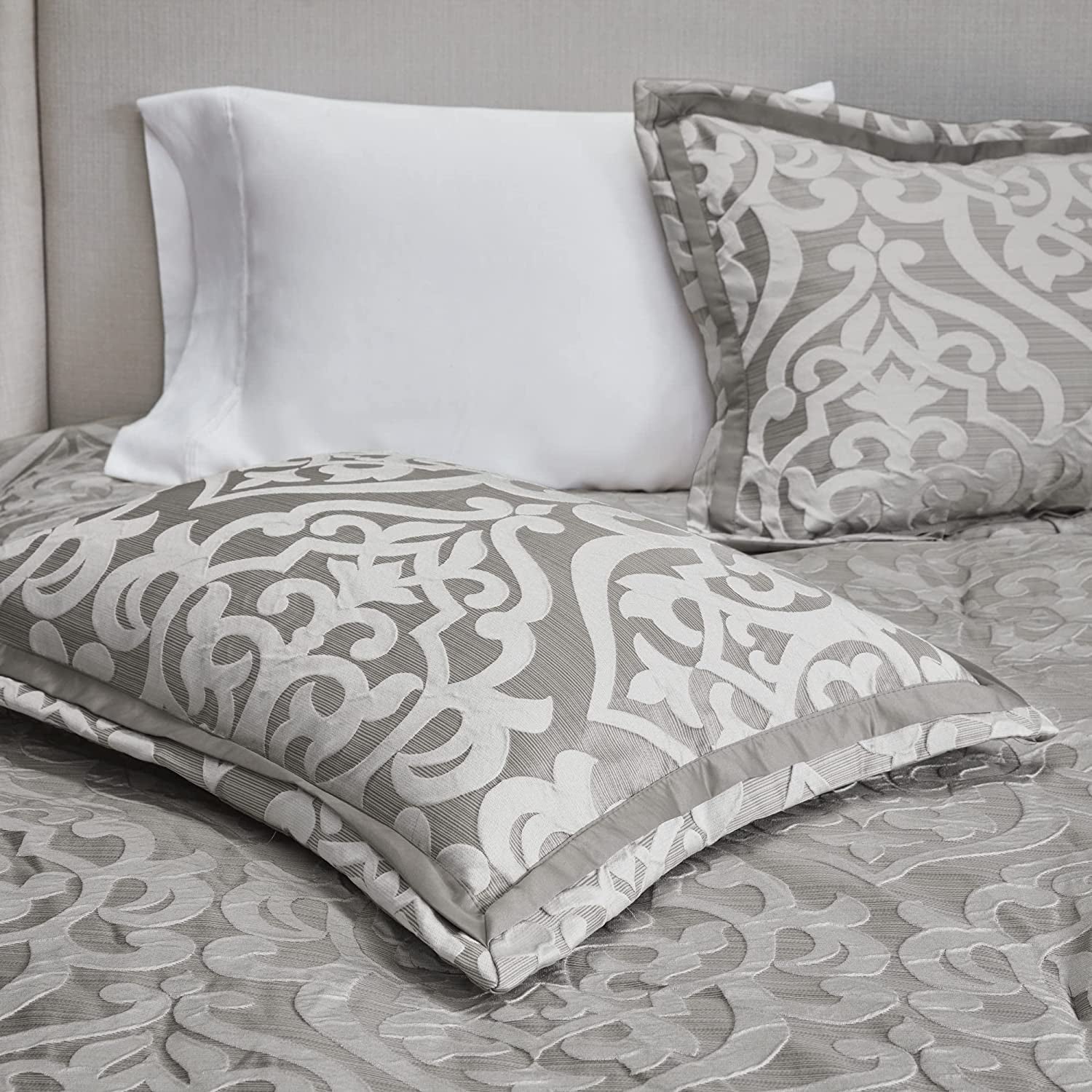 Tesla Cozy Comforter Set Jacquard Damask Medallion Design - All Season down Alternative Bedding, Shams, Bedskirt, Decorative Pillows, Queen (90 in X 90 In), Silver 6 Piece